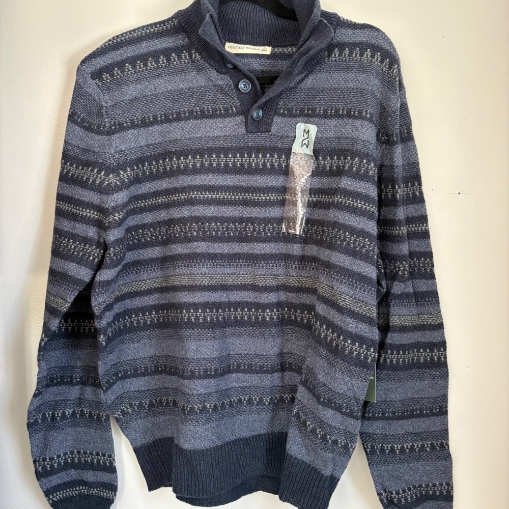 Mutual Weave Men's Large Striped Shawl Collar Pullover Sweater Blue Cotton Blend